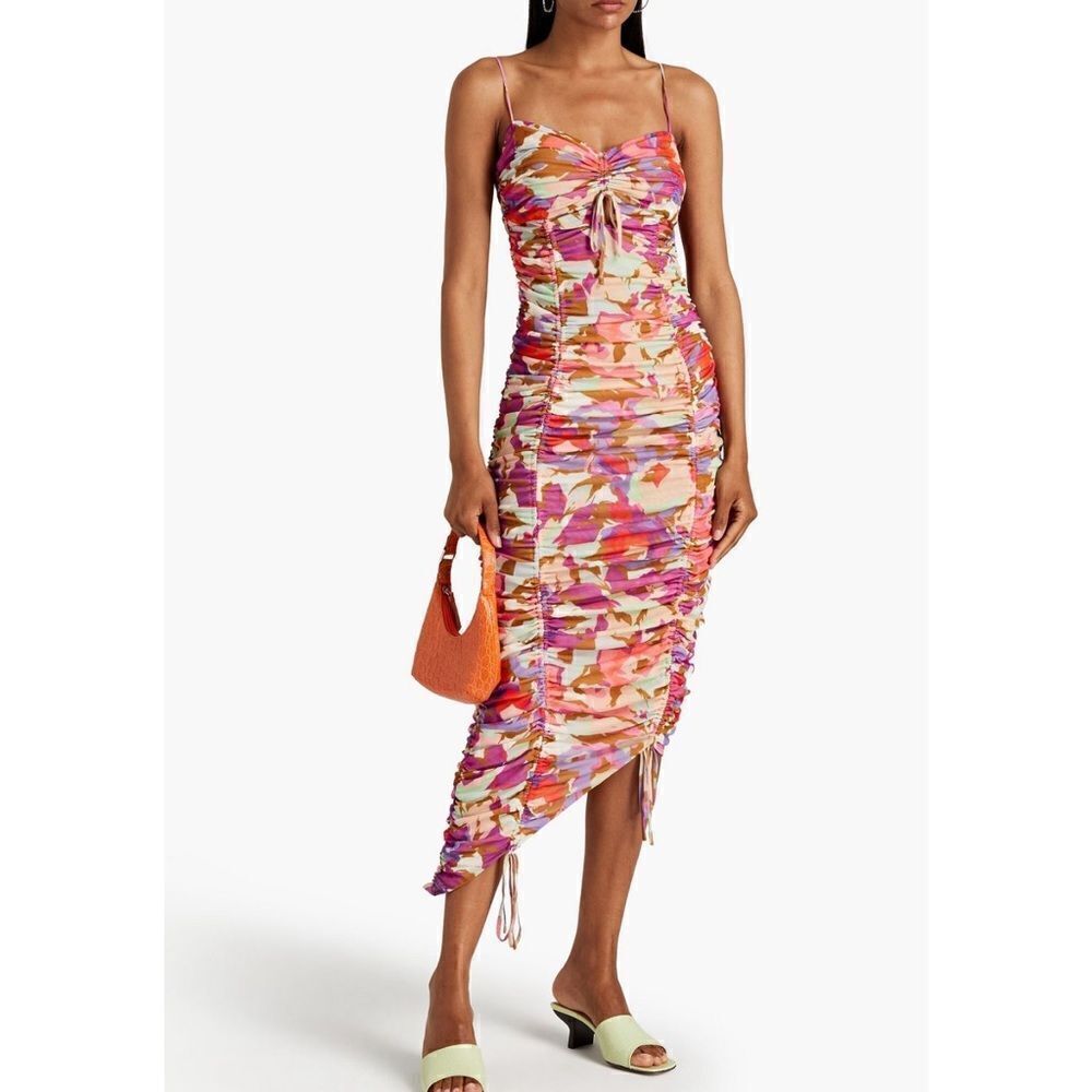 Nicholas Maisie Midi Ruched Stretch Mesh Dress Pink Size 2